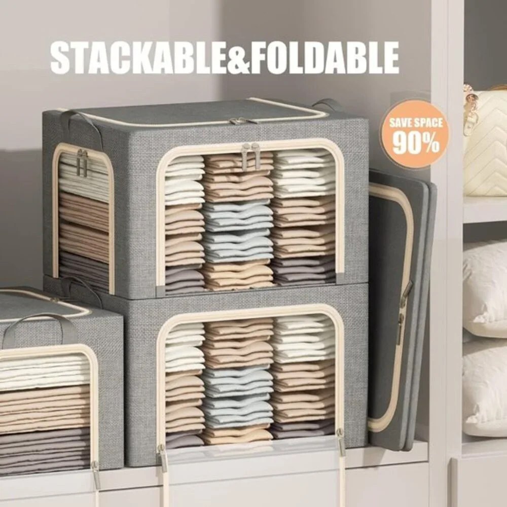 3 Openings Clothes Storage Bins with Metal Frame Foldable Storage Bin for Clothe